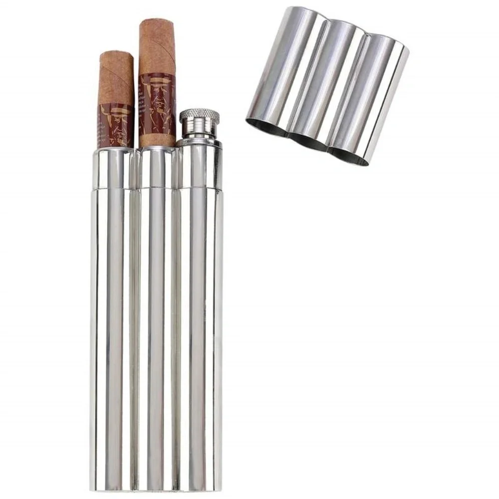 2- Cigar Stainless Steel Holder with Built-In Flask - Travel Cigar Tube Case